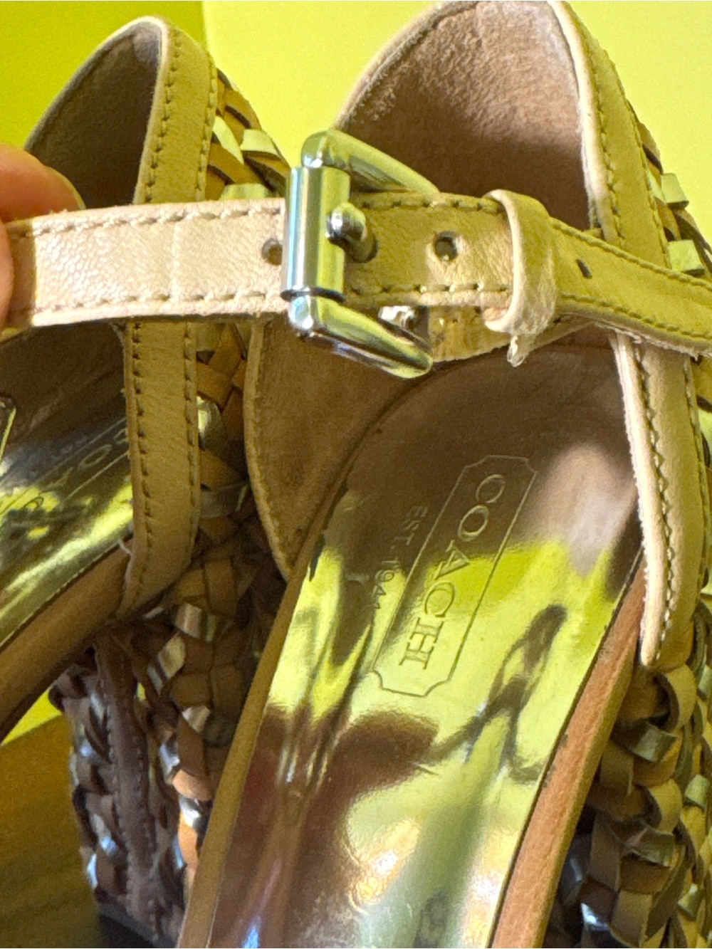 Coach Beige Woven Block Heel Sandals - Picture 11 of 11